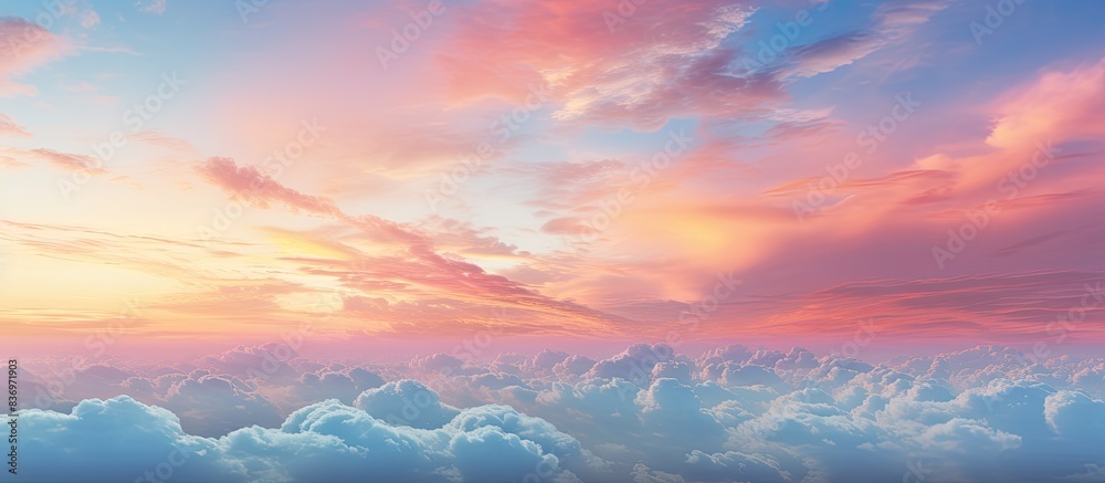 Soft pastel colors of the sky during sunrise or sunset, featuring colorful clouds and a serene copy space image. Soft pastel colors of the sky during sunrise or sunset, featuring colorful clouds and a serene copy space image.