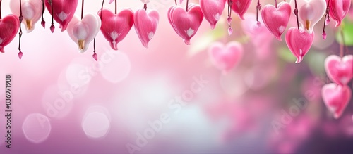 In spring, pink bleeding heart flowers blossom with a serene backdrop, ideal for a copy space image. photo