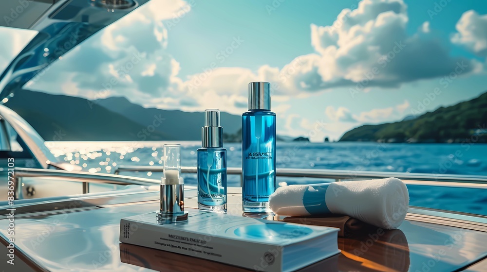 Obraz premium A boat with bottles of perfume has a mountain in the background, Generative AI illustrations.