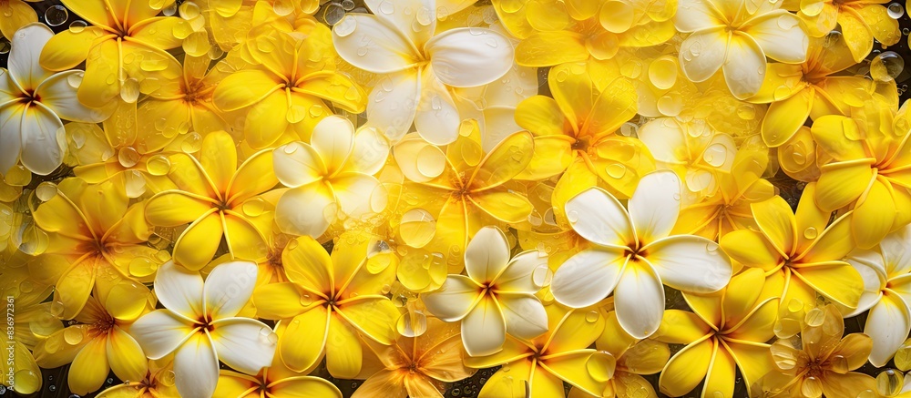 Obraz premium Top-down view of yellow sunflowers and numerous plumeria, also known as frangipani flowers, adorned with glistening water droplets, with copy space image.