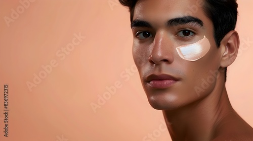 Handsome South American Model s Face in Cosmetic Advertising Banner on Peach Background