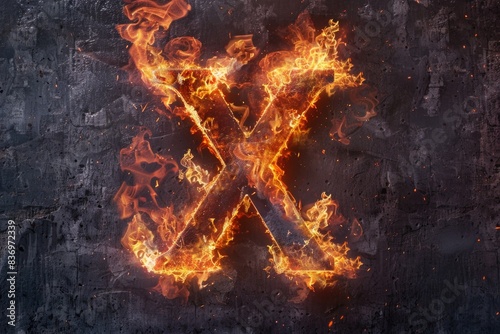 A burning letter X on a dark, smoldering background photo