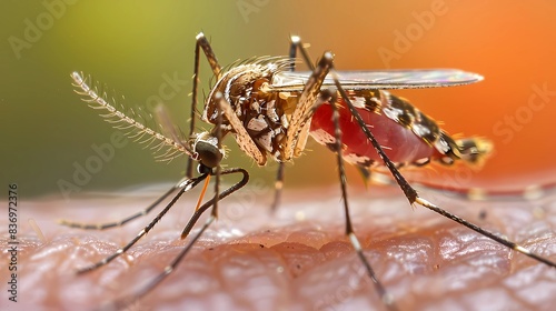 Closeup of a biting mosquito on skin, Generative AI illustrations.  photo
