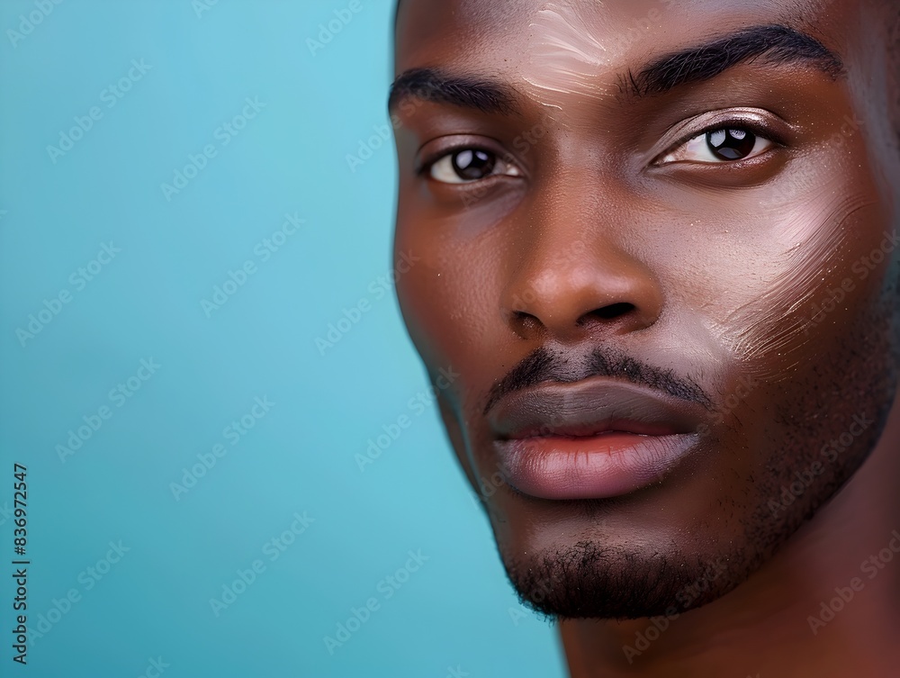Fototapeta premium Handsome Nigerian Man s Face Featured in Cosmetics Advertising Banner on Blue Background