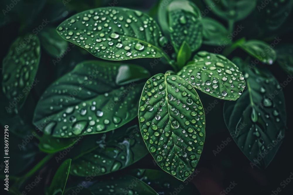 Close-up view of green leaves with water droplets. Lush foliage captured in natural light, showcasing the beauty of nature after rainfall. Close-up view of green leaves with water droplets. Lush foliage captured in natural light, showcasing the beauty of nature after rainfall.