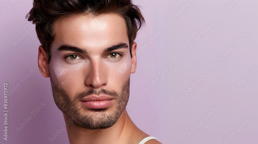 Argentinian Model s Handsome Face in Decorative Skincare Advertising Banner on Pastel Background Argentinian Model s Handsome Face in Decorative Skincare Advertising Banner on Pastel Background
