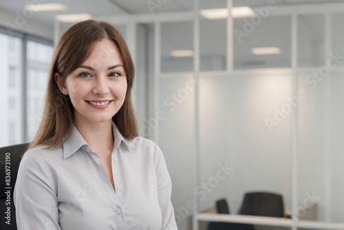Successful senior bank manager, smiling and looking at the camera, standing in the office with copy space.