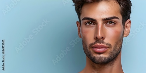 Handsome Brazilian Male Model s Face Showcased in Sleek Skincare Product Advertisement photo