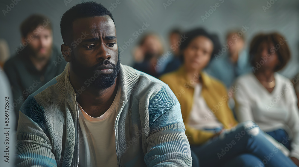 A pensive man sits among others at a support group meeting, deep in thought. The setting highlights a sense of community and shared experiences. A pensive man sits among others at a support group meeting, deep in thought. The setting highlights a sense of community and shared experiences.