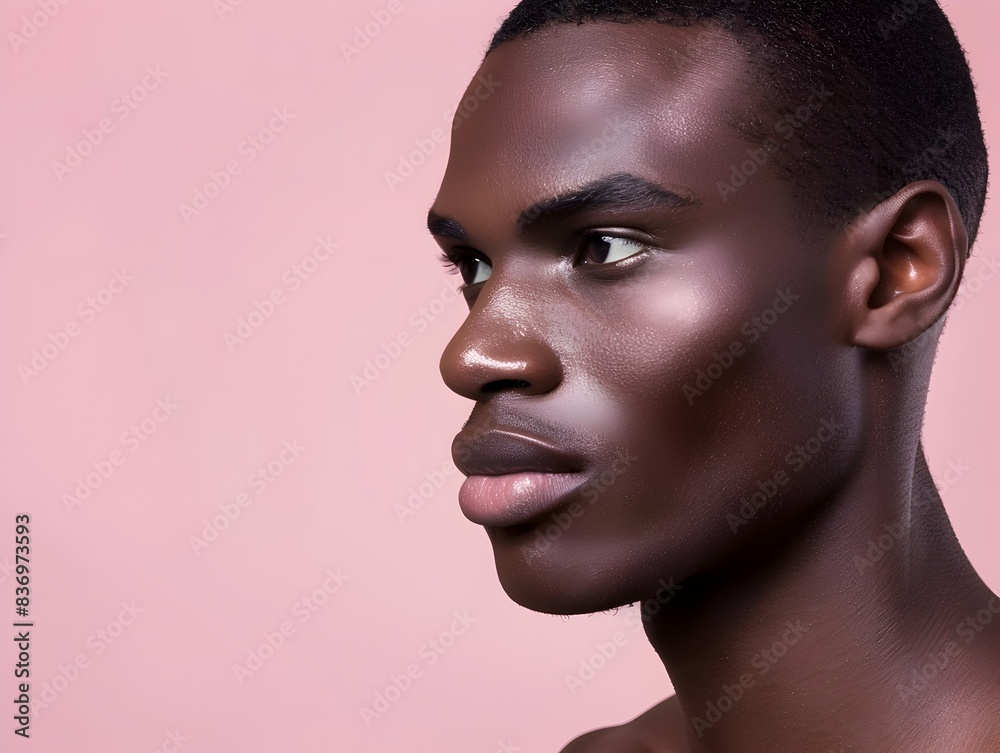 Handsome African Man s Face in Cosmetic Advertising on Plain Pink Background with Clear Space Handsome African Man s Face in Cosmetic Advertising on Plain Pink Background with Clear Space