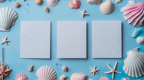 A same identical size white blank empty mockup of postcards a cute mermaid theme birthday in the background, Generative AI illustrations.  photo