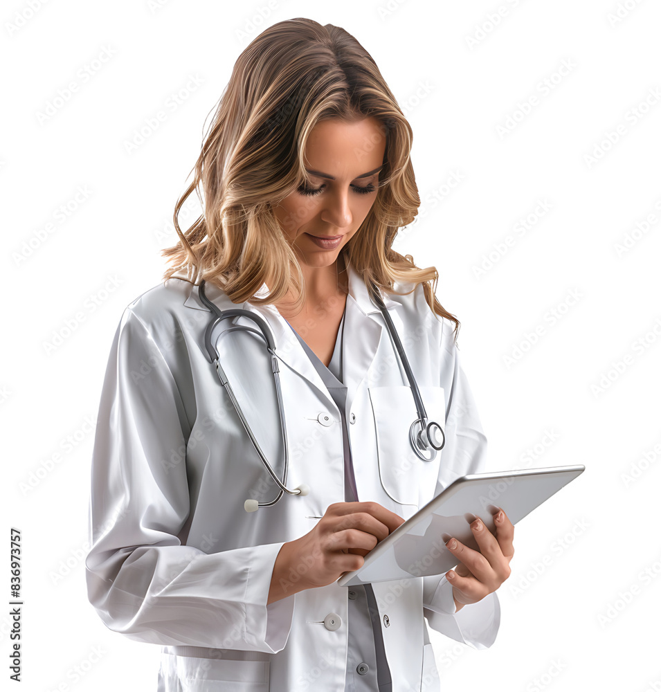 Confident female doctor using smartphone on isolated transparent background Confident female doctor using smartphone on isolated transparent background