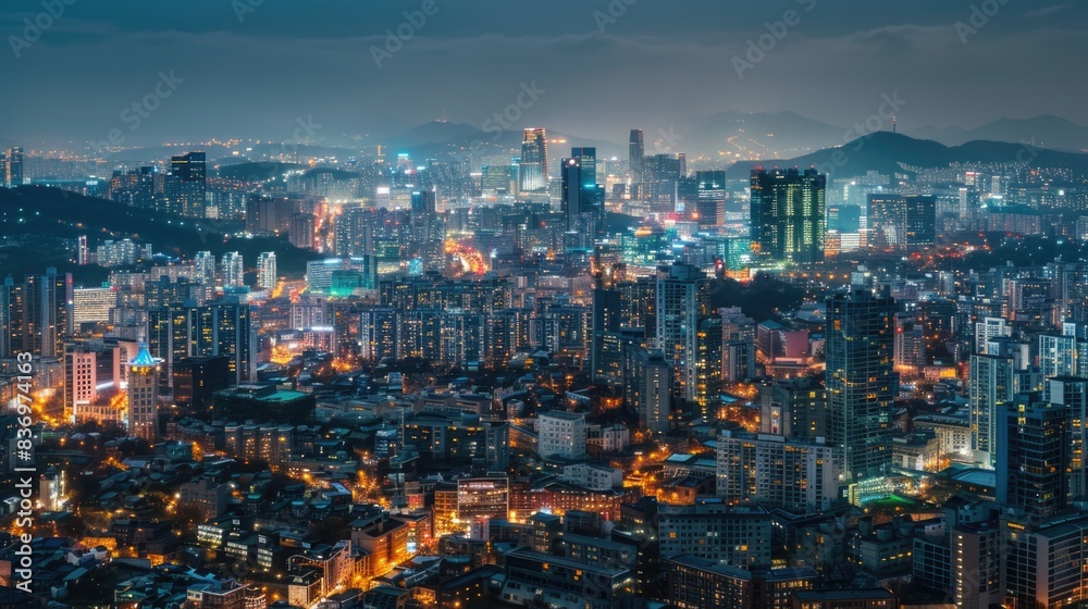 A nighttime view of a city skyline from a high-rise building, perfect for urban and architecture photography