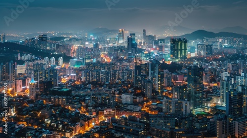 A nighttime view of a city skyline from a high-rise building, perfect for urban and architecture photography