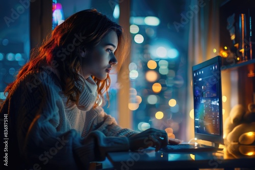 A woman sits at a desk with a computer and likely doing work or research