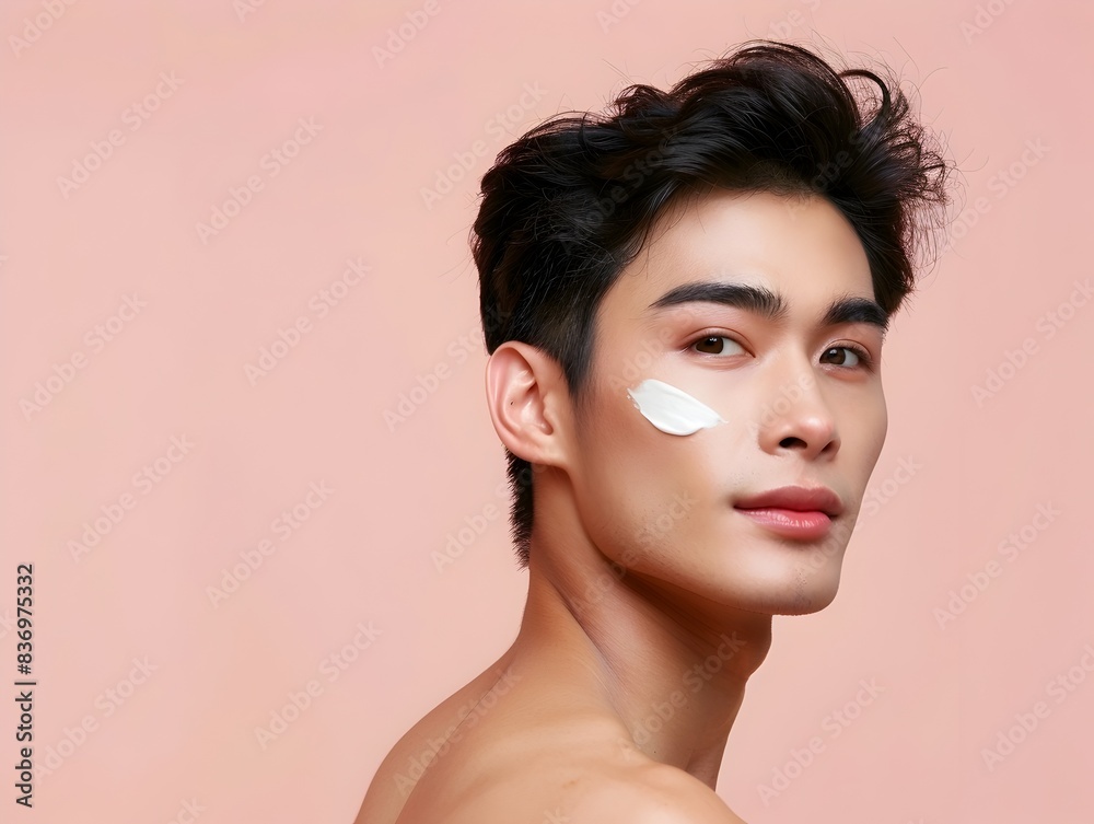 Naklejka premium Handsome Asian Male Model in Cosmetic Advertising Banner on Pink Studio Background