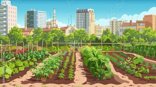 A city with a large green garden in the middle