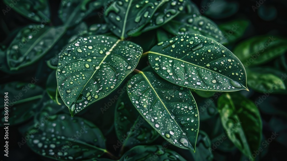 Close-up of lush green leaves covered in fresh dew drops, showcasing the beauty of nature with vivid details and rich textures. Close-up of lush green leaves covered in fresh dew drops, showcasing the beauty of nature with vivid details and rich textures.