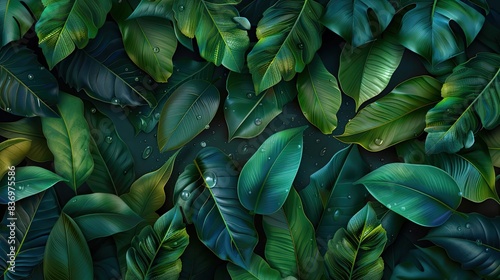 Vibrant tropical leaves background with rich shades of green, creating a lush, natural, and serene atmosphere for nature and botanical themes.