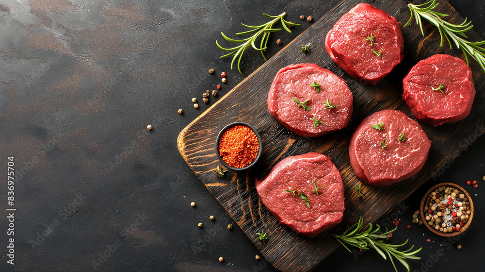 Fresh raw beef tenderloin steaks on wooden cutting board with spices and rosemary. Copy space. Generative AI Fresh raw beef tenderloin steaks on wooden cutting board with spices and rosemary. Copy space. Generative AI
