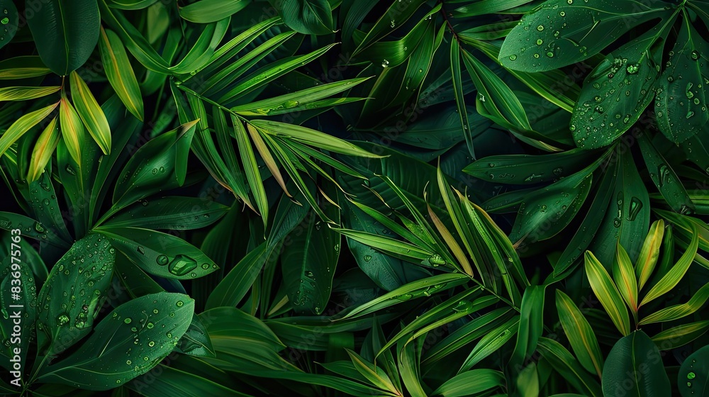 Lush green tropical leaves with raindrops, creating a vibrant and natural background. Perfect for nature and botanical themes. Lush green tropical leaves with raindrops, creating a vibrant and natural background. Perfect for nature and botanical themes.