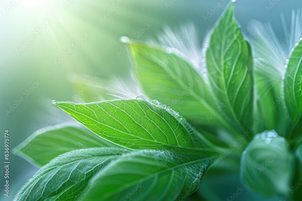 Obraz premium Close-up of fresh green leaves with morning dew, sunlight illuminating the vibrant foliage, highlighting nature's beauty and vitality.