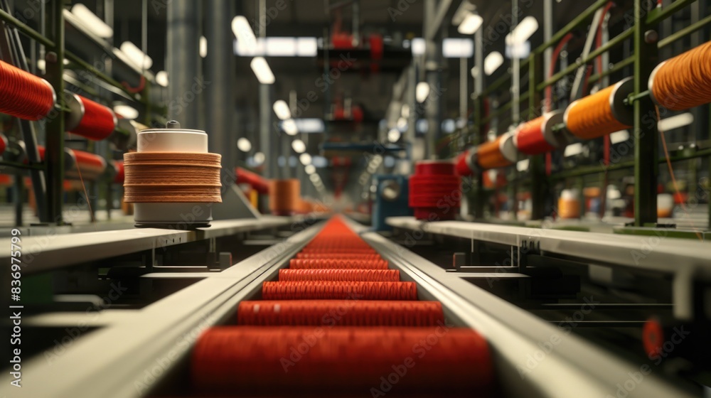A close-up shot of a conveyor belt filled with rows of red spools of yarn A close-up shot of a conveyor belt filled with rows of red spools of yarn