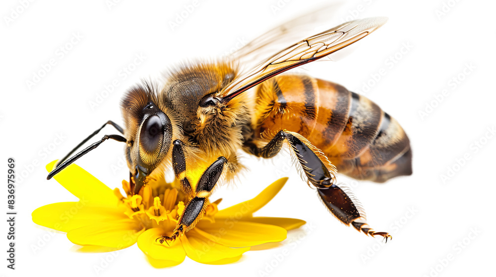 Serene Honey Bee Resting on Vibrant Yellow Flower Petal in Isolated Setting Serene Honey Bee Resting on Vibrant Yellow Flower Petal in Isolated Setting