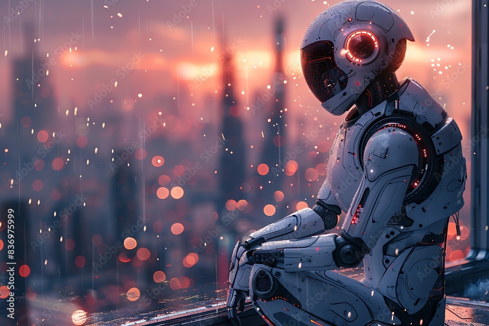 Artificial intelligence, robot thinking about world, looking at the city. Futuristic concept.. Artificial intelligence, robot thinking about world, looking at the city. Futuristic concept..