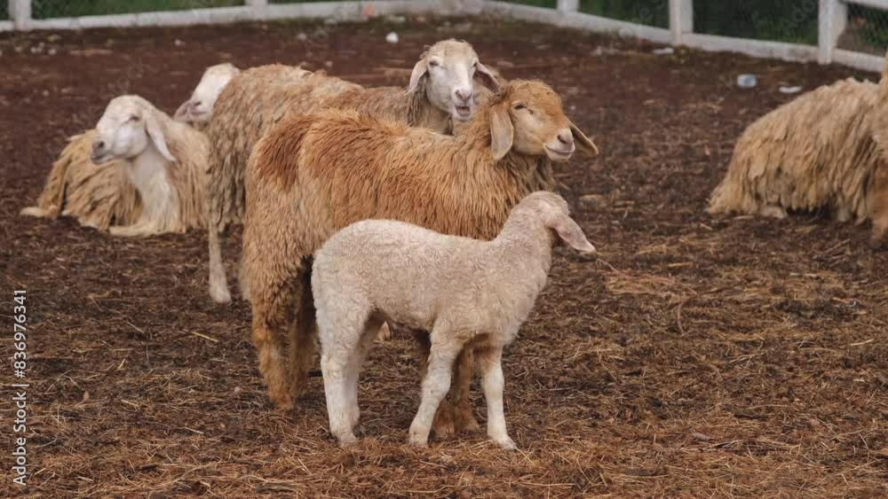 slow motion shot group of fluffy sheep stand on a farm some are standing, some are walking with a white fence in the background, livestock agriculture slow motion shot group of fluffy sheep stand on a farm some are standing, some are walking with a white fence in the background, livestock agriculture