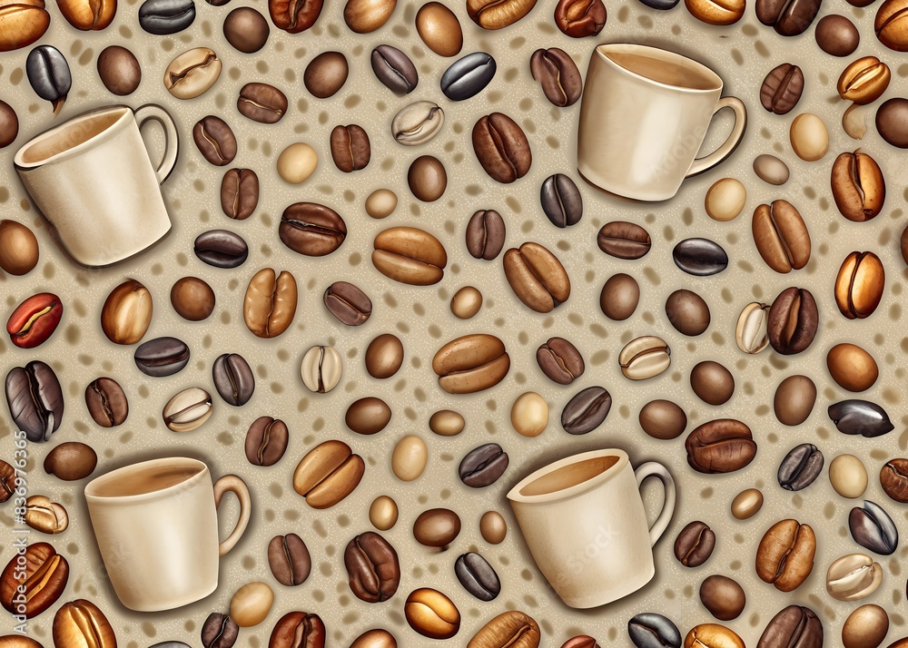 Obraz premium variety of coffee beans scattered around white coffee mugs on neutral background seamless tile pattern