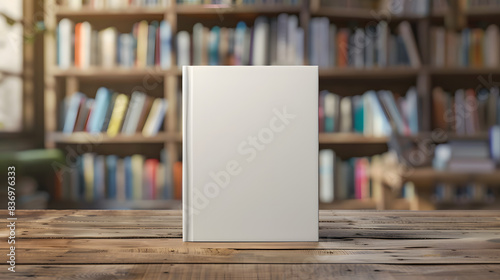 A blank book standing on a wooden table in front of a blurred bookshelf, perfect for cover design presentations and marketing materials.  mockup