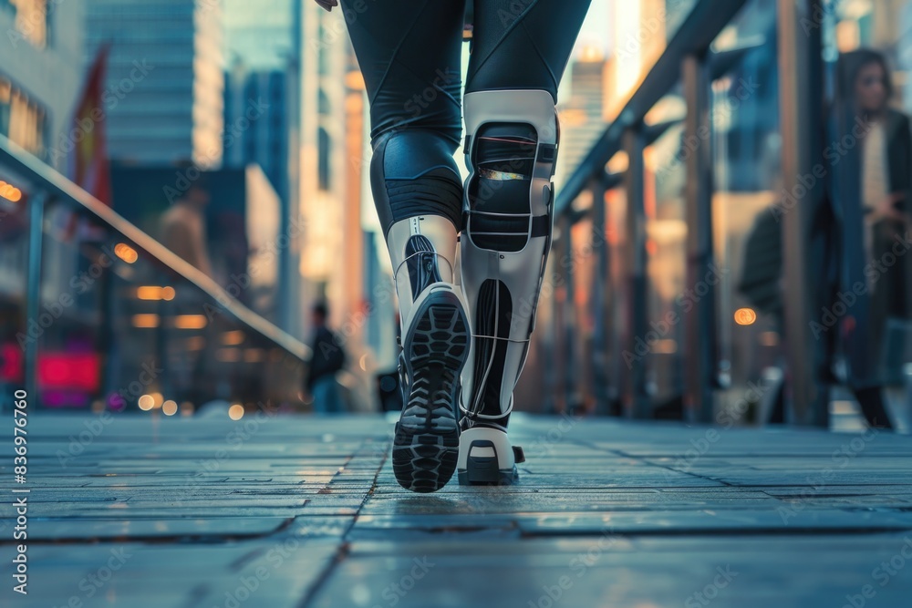 Fototapeta premium A person wearing knee pads walks down a sidewalk, possibly for athletic or protective purposes