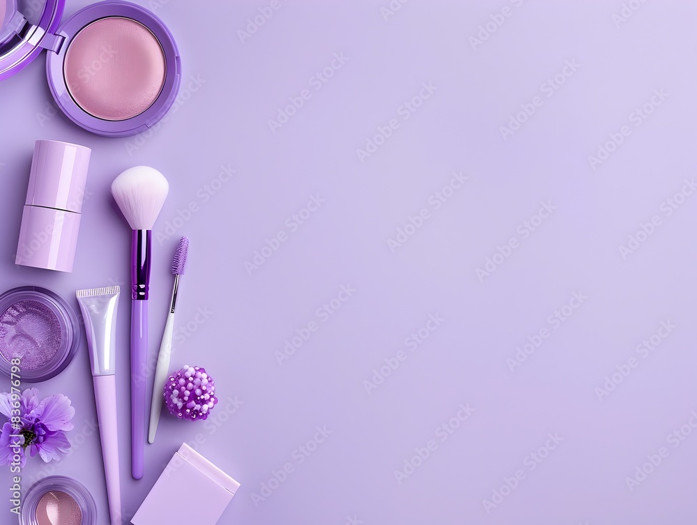 Lavender Toned Cosmetics Flat Lay on Minimalist Pastel Background Lavender Toned Cosmetics Flat Lay on Minimalist Pastel Background