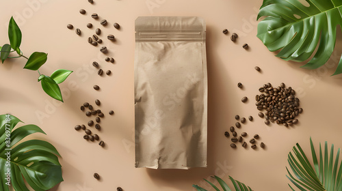 A kraft paper coffee bag surrounded by scattered coffee beans and green leaves on a beige surface, ideal for eco-friendly packaging design and branding presentations.