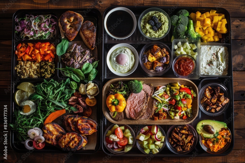 Fototapeta premium A tray of food placed on a table with various dishes, glasses, and utensils