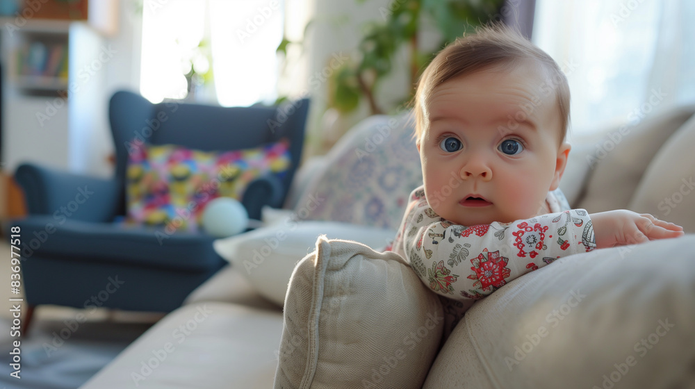 Cute baby leaning on couch in a bright living room Cute baby leaning on couch in a bright living room