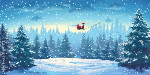  Santa Claus Sleigh Ride: A Magical Christmas Flight Through the Snowy Forest. This enchanting image captures the spirit of Christmas with Santa Claus flying through a snowy forest in his sleigh, perf photo