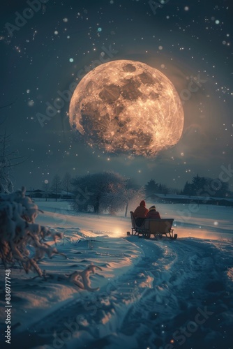 A person is sitting on a sled in the snowy landscape, with a full moon shining bright in the background © Ева Поликарпова