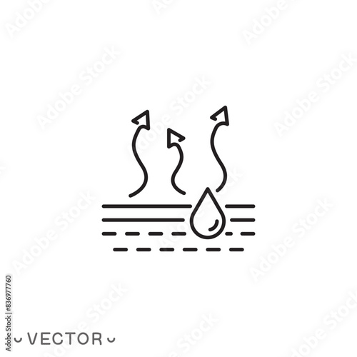 moisture evaporation process of coating icon, drying paint or varnish surface, steam or gas arrows, drop liquid on cloth, thin line symbol isolated on white background, editable stroke eps 10 vector