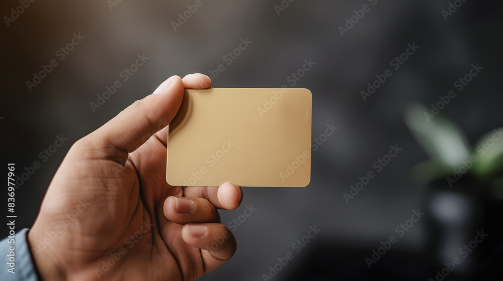 A hand holding a blank gold business card against a dark background, ideal for showcasing design and branding concepts. mockup A hand holding a blank gold business card against a dark background, ideal for showcasing design and branding concepts. mockup