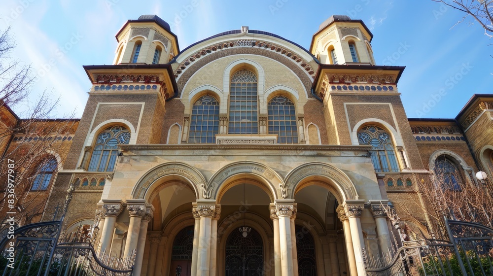 Majestic synagogue architecture, design reflecting rich traditions and history of the Jewish faith, showcasing cultural heritage and religious significance. Majestic synagogue architecture, design reflecting rich traditions and history of the Jewish faith, showcasing cultural heritage and religious significance.