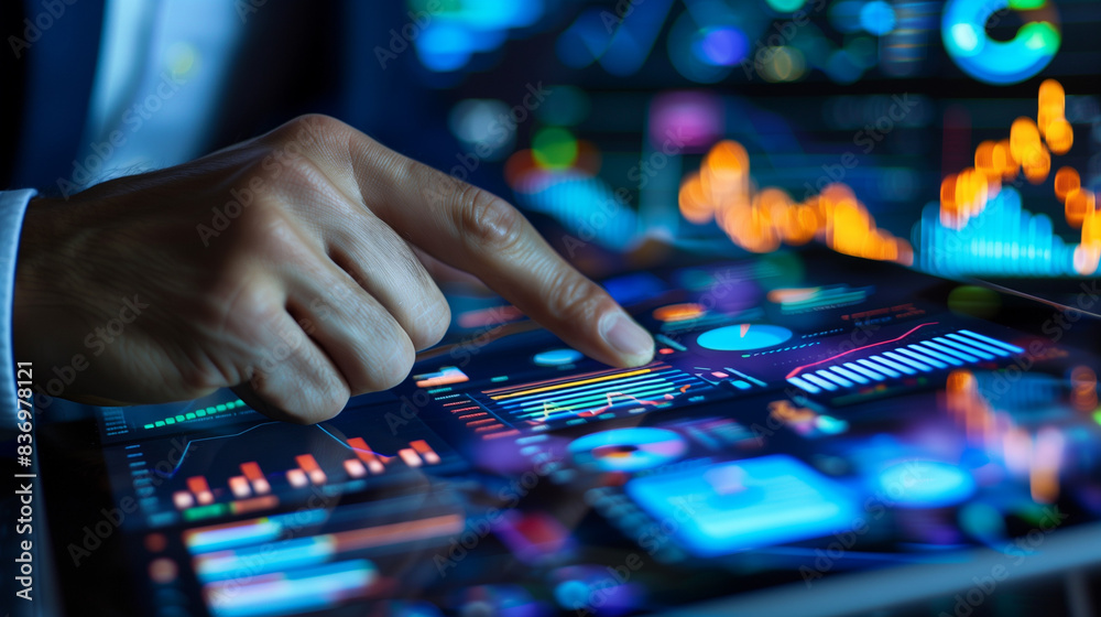 Businessman's Hand Using a Tablet with Financial Dashboard Businessman's Hand Using a Tablet with Financial Dashboard