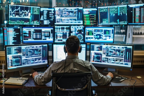 A person sitting at a desk with several computer monitors, ideal for use in office or technology related contexts