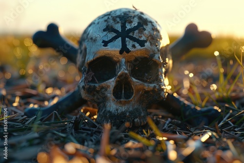 A close-up view of a skull and bones lying in the grass  ideal for use in Halloween-themed designs or as a symbol of mortality