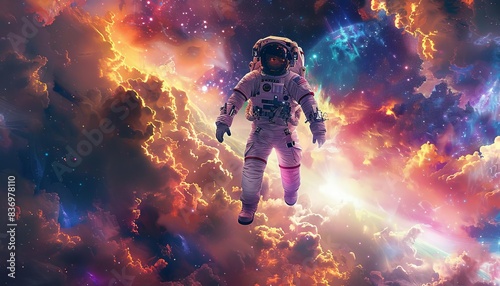 Astronaut floating in vibrant outer space, surrounded by colorful nebulae and cosmic light, symbolizing exploration and adventure. © AlexCaelus