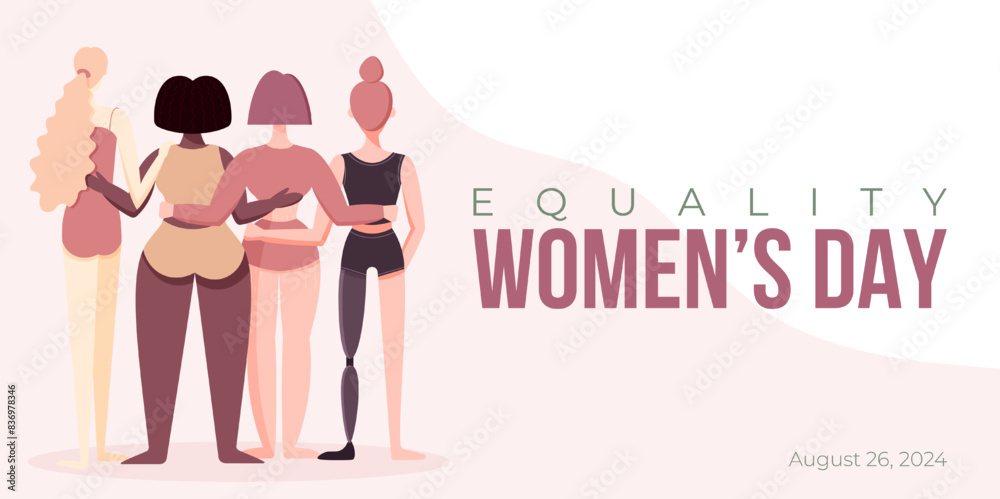 Women's Equality Day Poster, Banner, Background. Group of women in different age, body type, hair clor, ethnicity, abilities. Flat style vector illustration. Women's Equality Day Poster, Banner, Background. Group of women in different age, body type, hair clor, ethnicity, abilities. Flat style vector illustration.