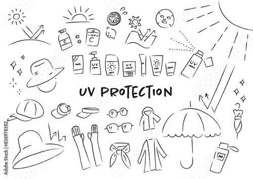 紫外線対策のものを集めた手描きイラストセット