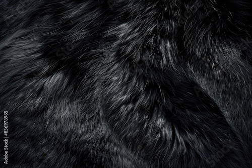A detailed view of black fur texture with individual hairs and natural imperfections
