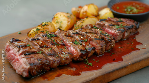 Juicy and Flavorful Close-up of a Medium-Cooked Steak concept of eid ul azha in the background
 photo